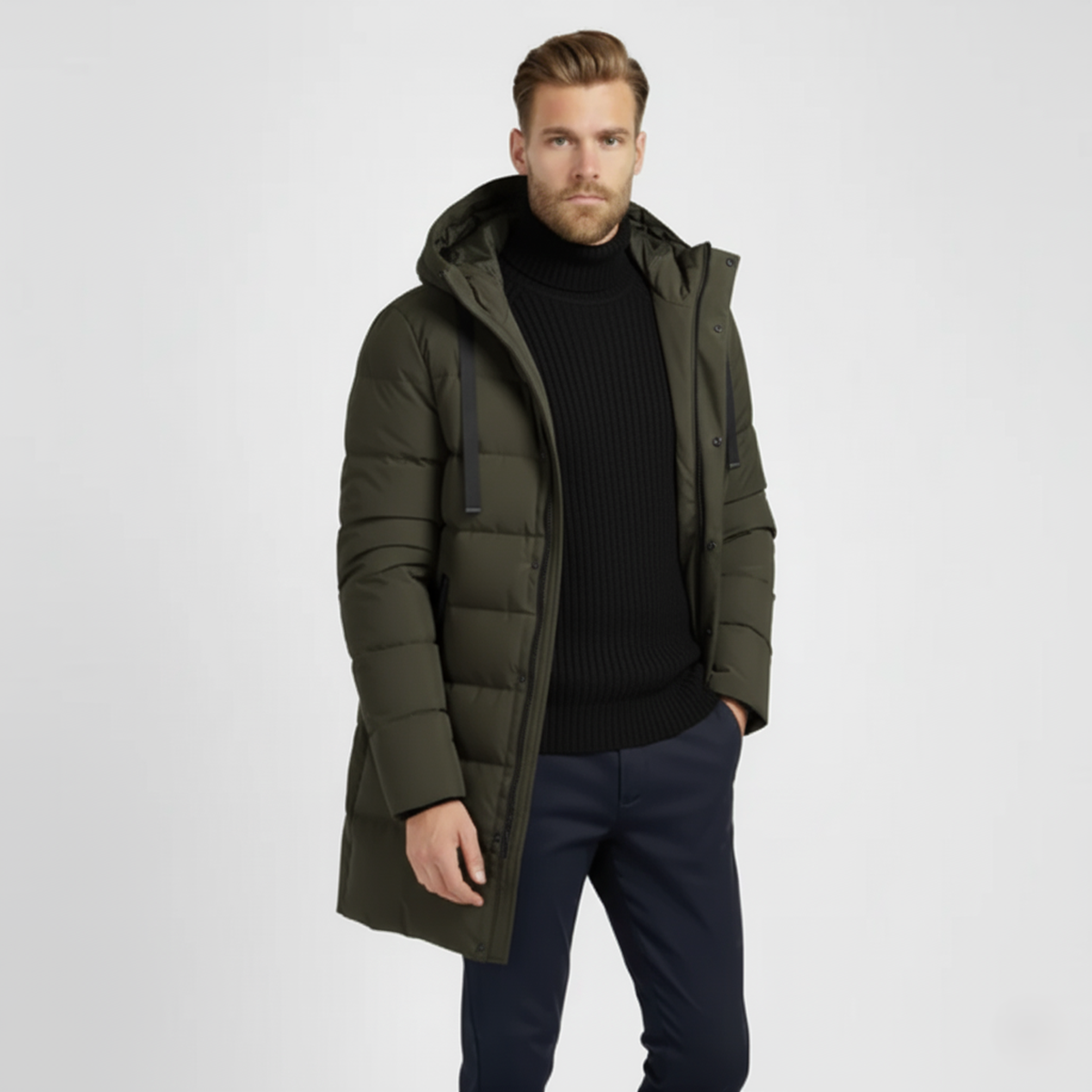 Langer Herren Wintermantel mit Steppung & Daunenfüllung
